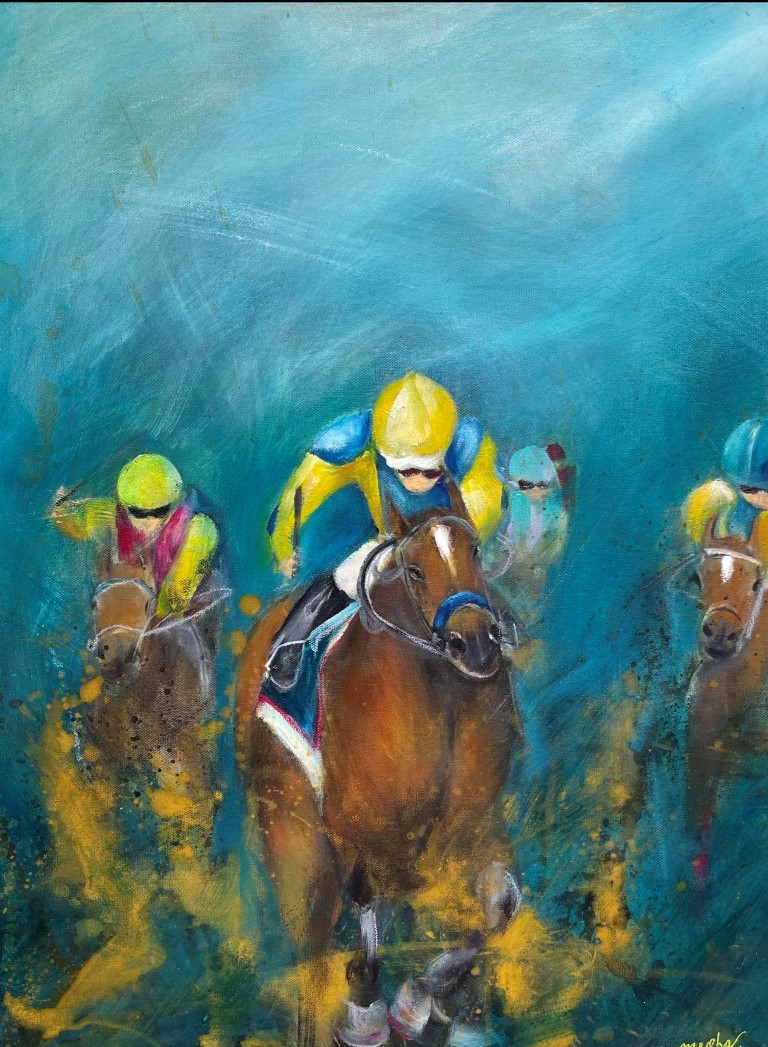 sport, horse racing, Race in dirt, Acrylic and ink on canvas, SGD 450, painting, Megha Nema
